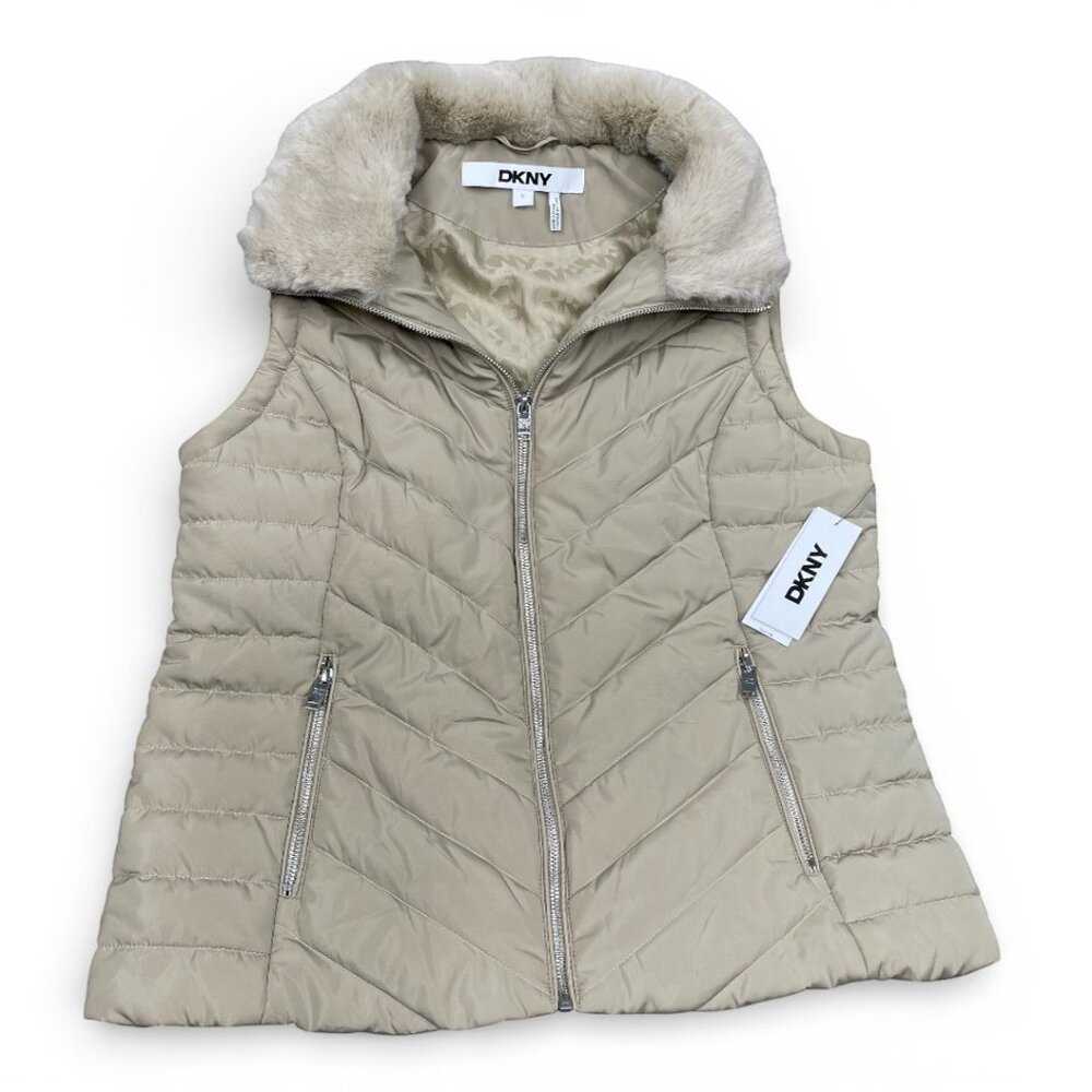 DKNY Faux Fur Collar Full Zip Puffer Vest Jacket New Tags Women's S